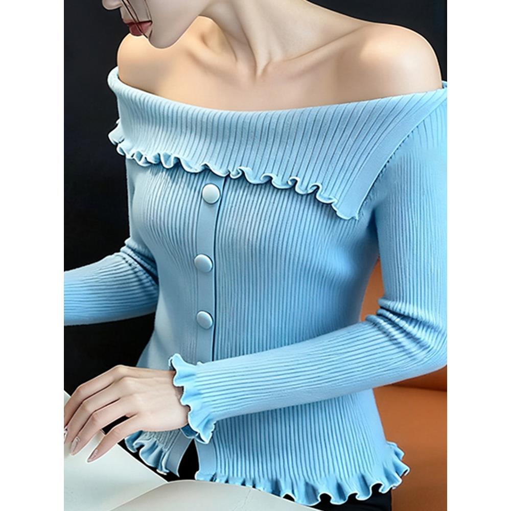 ROUMIKL轻熟风蓝色纽扣装饰一字肩针织衫女秋季新款今年流行漂亮