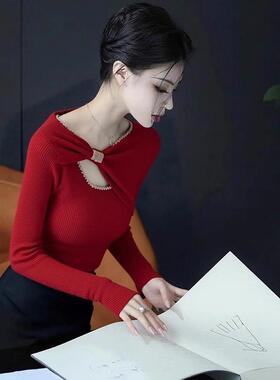 ROUMIKL辣妹风红色重工钉珠镂空针织衫女早秋季新款紧身显身材内
