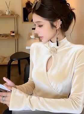 ROUMIKL淑女风白色立领立体花朵镂空衬衫长袖女秋季新款修身显瘦