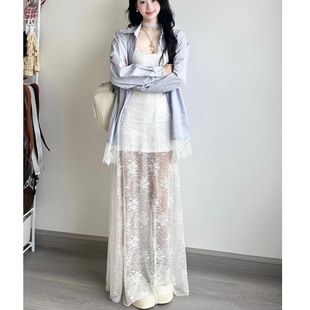 韩系纯欲风穿搭设计感时尚 长裙两件套 蕾丝边衬衫 半透蕾丝修身