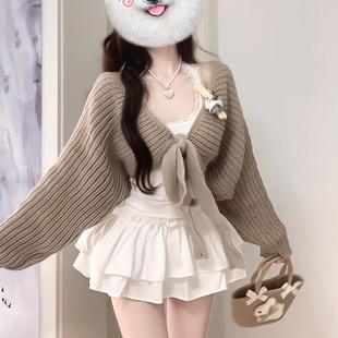 纯欲风辣妹风早秋新款 吊带半身裙三件套 蝴蝶结绑带针织衫