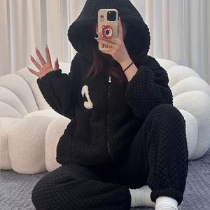 睡衣女秋冬季珊瑚绒加厚加绒拉链连帽网红风法兰绒毛绒家居服套装