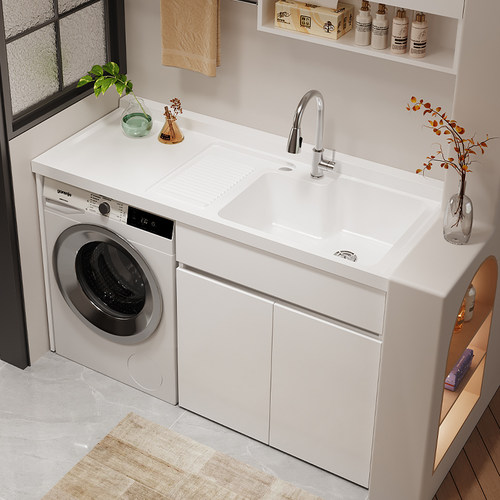 不锈钢洗衣柜阳台洗衣机柜滚筒伴侣一体水池带搓板浴室柜石英石盆