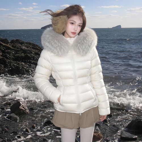 90白鸭绒大毛领短款防水羽绒服