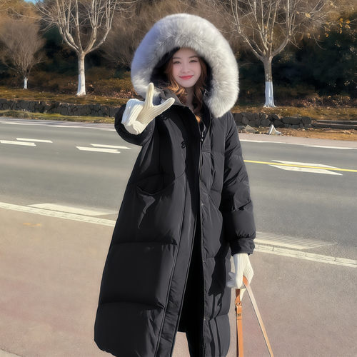 大毛领盘扣长款过膝羽绒棉服