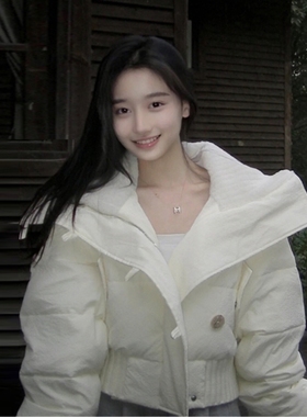 羊羔毛短款羽绒棉服女2025秋冬季新款设计感翻领小个子面包服外套