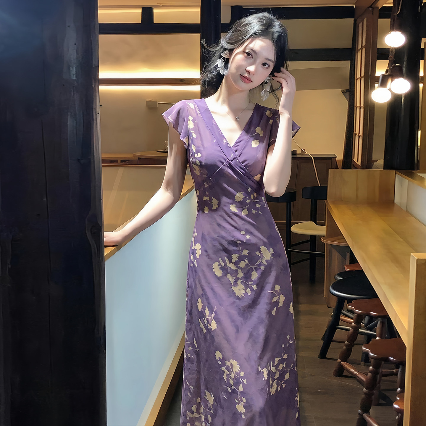 【暮紫花庭】法式碎花蕾丝长裙女夏季V领收腰显瘦小众气质连衣裙