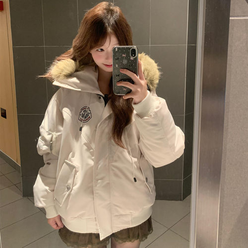 复古保暖连帽毛领派克羽绒棉服