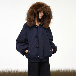 高级感加厚工装 新款 派克服外套 秋冬季 牛角扣大毛领羽绒棉服女短款