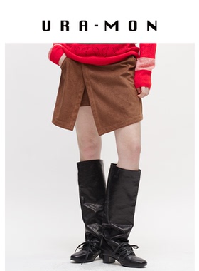 URA-MON｜麂皮短半裙不规则设计感下摆a字裙女百搭秋冬季复古气质
