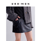 羊皮裙防走光设计感显瘦女春秋款 URA MON｜假两件黑色裂纹皮裙裤