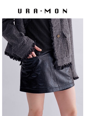 URA-MON｜假两件黑色裂纹皮裙裤羊皮裙防走光设计感显瘦女春秋款