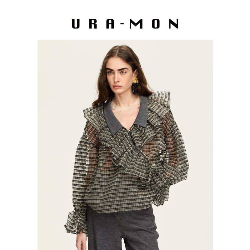 URA-MON｜真丝荷叶边衬衫女款春季新款长袖宽松上衣设计感