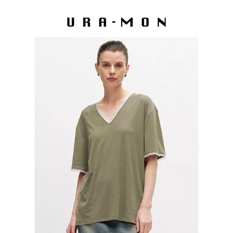 URA-MON ｜宽松T恤 舒适百搭简约蕾丝拼接V领日常中长款女式短袖