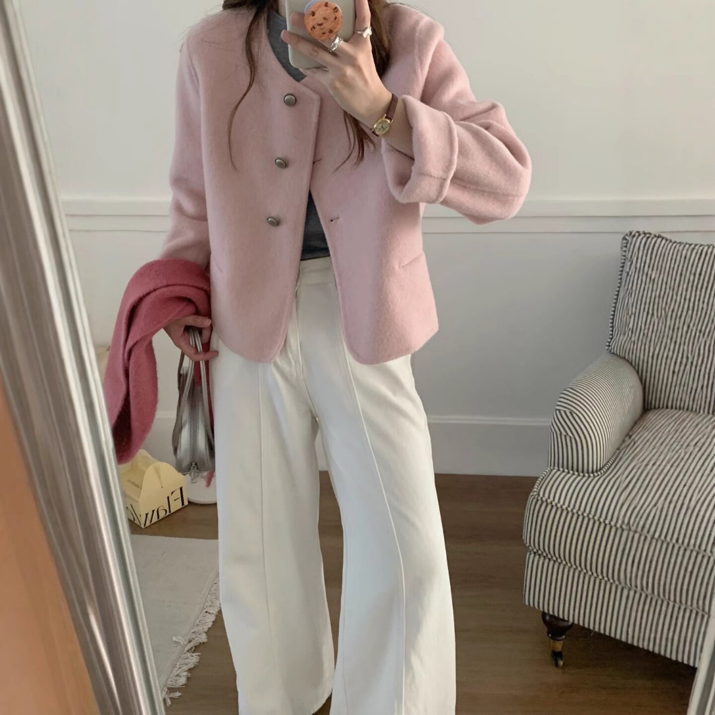 韩系双面羊绒短款单排扣女大衣