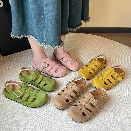 复古森系包头凉鞋女2025夏季新款两穿镂空半拖鞋百搭软平底猪笼鞋
