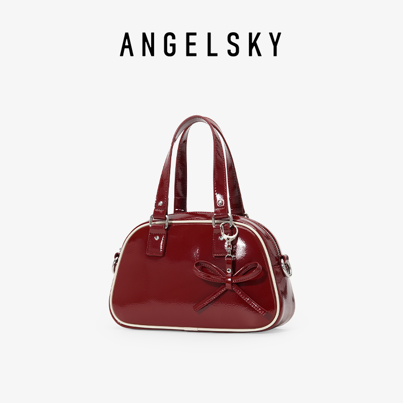ANGELSKY蝴蝶结挂饰斜挎包红色
