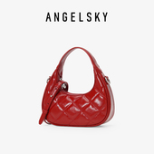 ANGELSKY原创设计斜挎包女百搭休闲小众菱格小包红色包包波士顿包