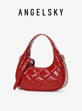 ANGELSKY原创设计斜挎包女百搭休闲小众菱格小包红色包包波士顿包
