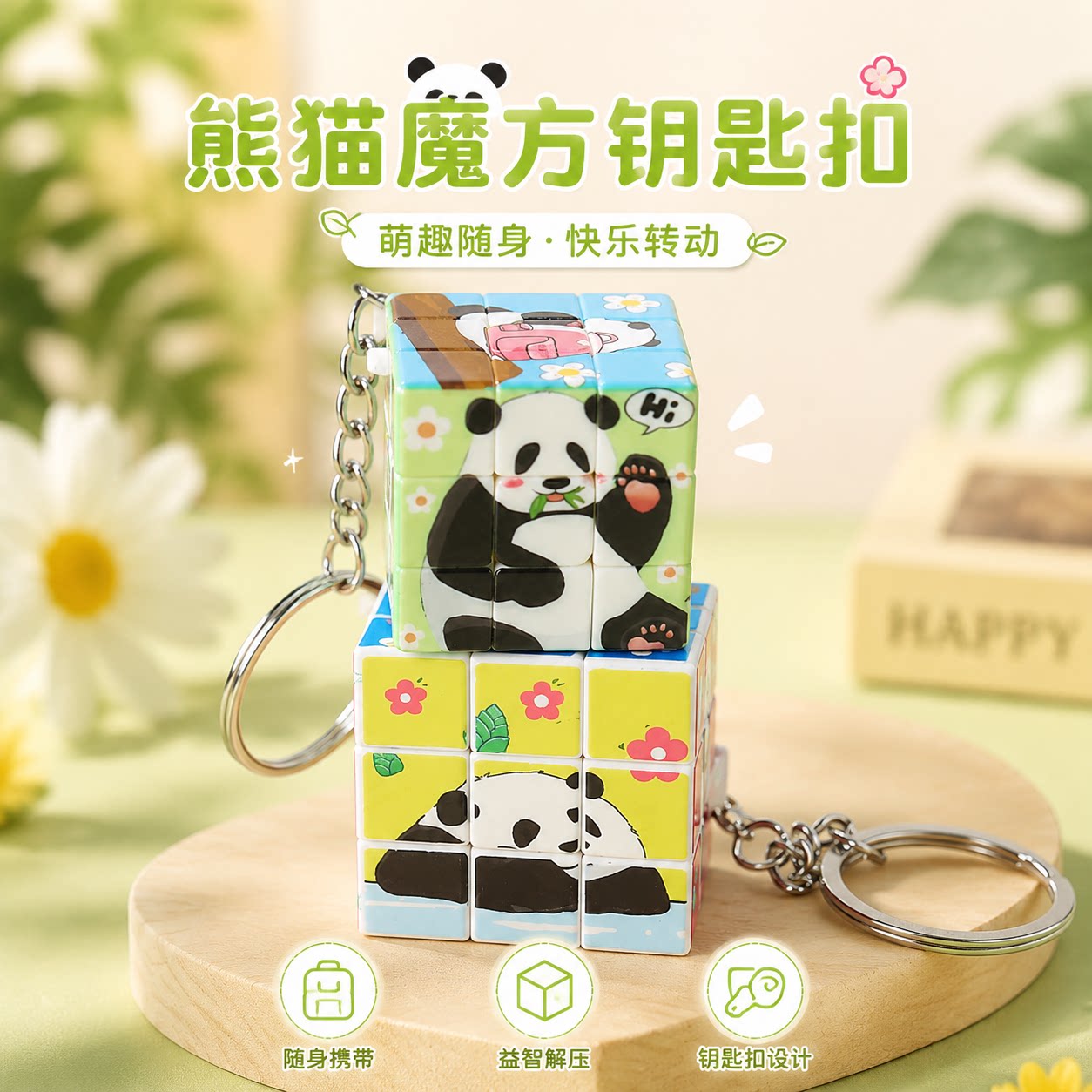 卡通熊猫魔方定制迷你文创产品周边三阶儿童书包挂件创意小钥匙扣图片
