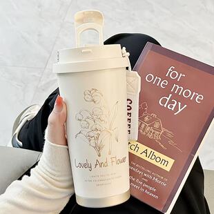 新款情侣铃兰花烫金咖啡杯316内胆双饮杯带盖保温保冰便携咖啡杯