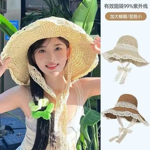 草帽海边帽子ins系带草编帽女夏出游防晒沙滩太阳帽蕾丝边遮阳帽