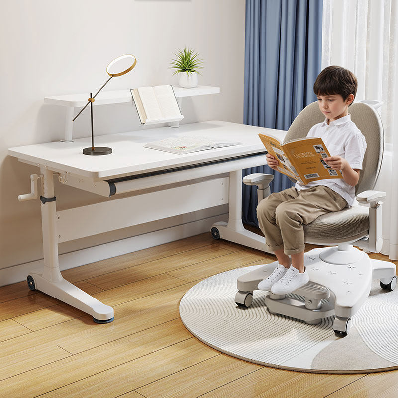 宏势儿童学习桌小学生家用升降带轮书桌椅组合实木书桌大白桌子