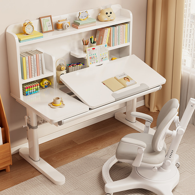 宏势儿童学习桌小学生家用大白写字桌升降书柜课桌椅组合实木书桌