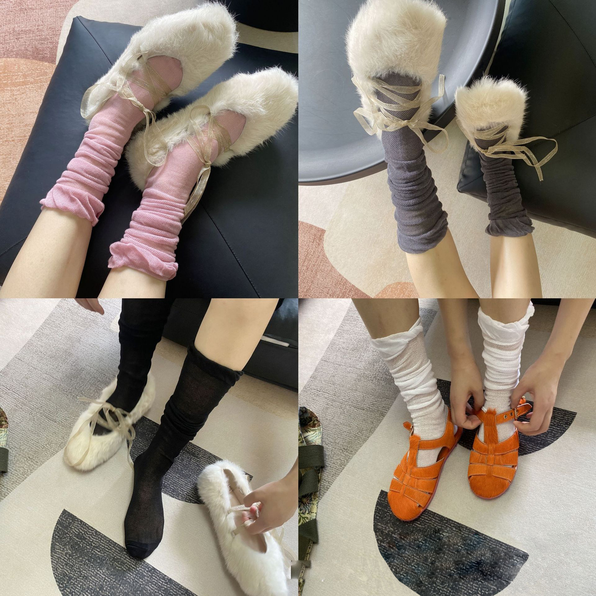 BUTINXX HOLLOW CALF SLIGHTLY TRANSLUCENT THIN MESH SOLID COLOR NICHE INS KNEE BUBBLE JAPANESE HIGH-END STOCKINGS