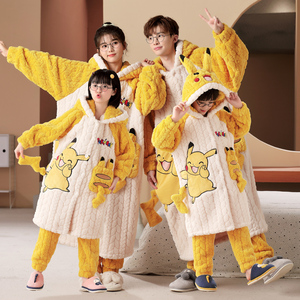 亲子睡衣一家三口装四口冬加厚加绒珊瑚绒睡袍两件套家庭装家居服