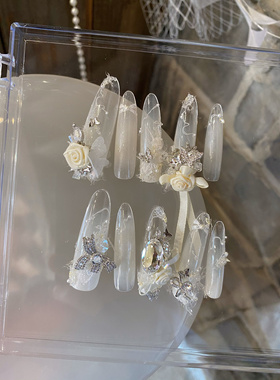 正品LZ高定美甲饰品森白系玫瑰庄园·玫瑰雾白月光婚系手工钻镶锆