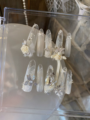 正品LZ高定美甲饰品森白系玫瑰庄园·玫瑰雾白月光婚系手工钻镶锆