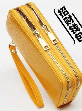 招财黄色钱包女长款大容量时尚双拉链钱夹手机包漆皮手拿包高级感