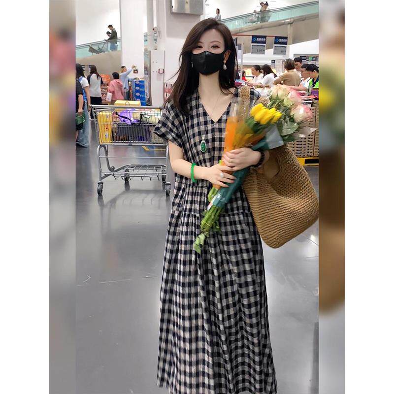 RIERA复古文艺V领格子连衣裙女短袖时尚宽松显瘦气质印花衬衫裙子
