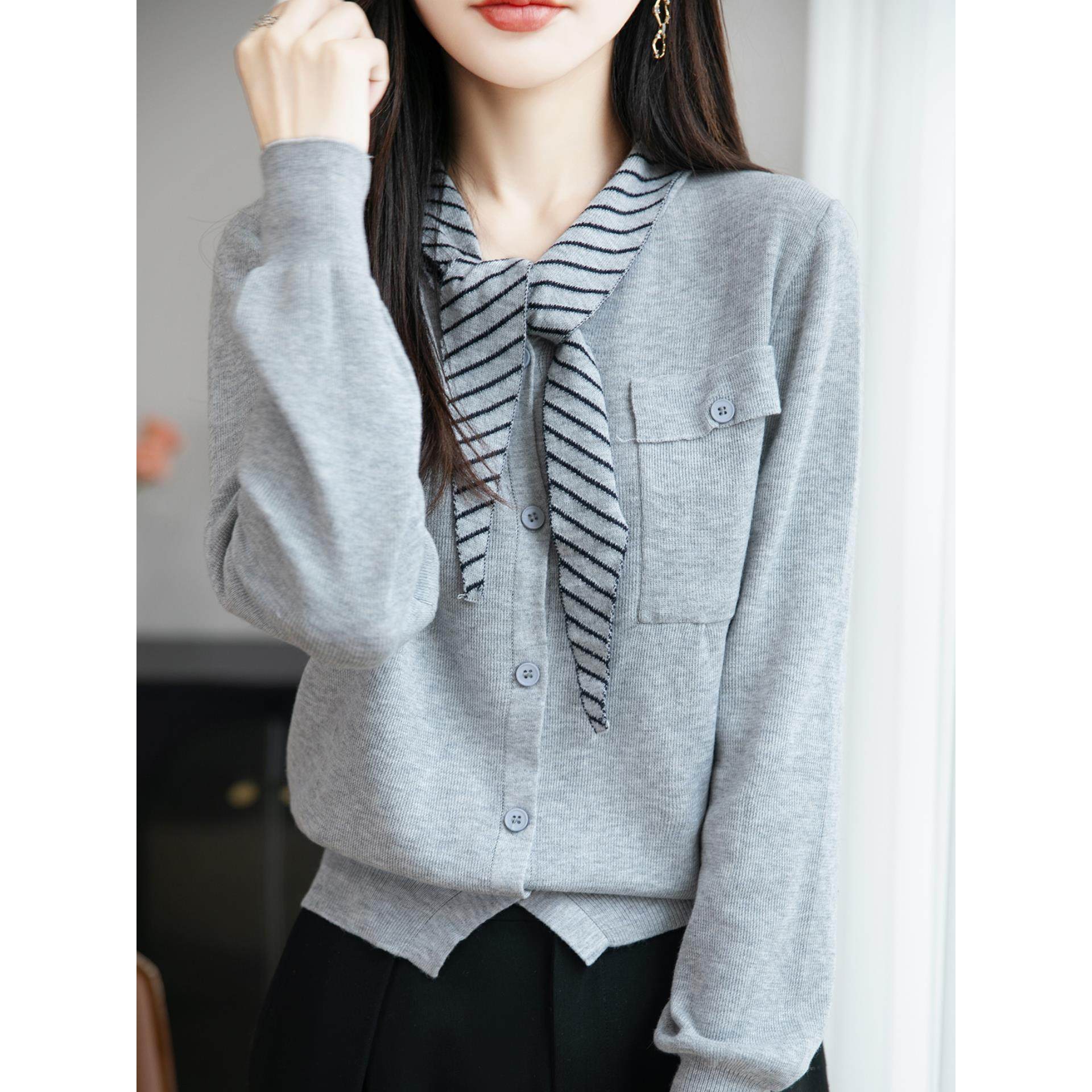 ROUMIKL法式时尚设计感条纹披肩领针织打底开衫女高级感小众洋气