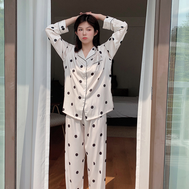 睡衣女夏季新款日式波点学生冰丝感家居服仿真丝薄款长袖套装