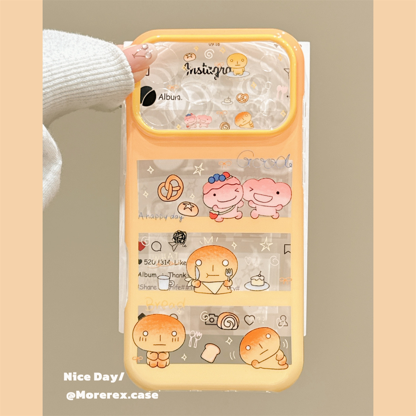 MoreRex 萌趣镂空卡通面包人插画适用苹果18手机壳日系iphone17promax新款18pro全包15防摔保护套14女16创意