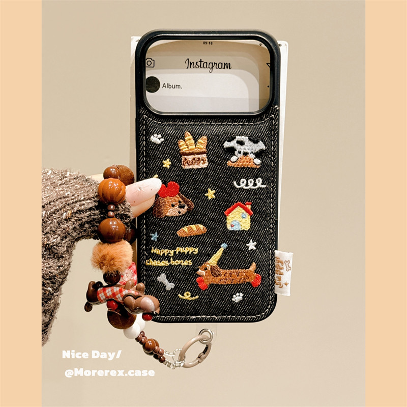 MoreRex 韩风时髦可爱牛仔刺绣小狗吐司适用苹果17手机壳iphone16promax新款15pro带挂绳14防摔保护套13女17