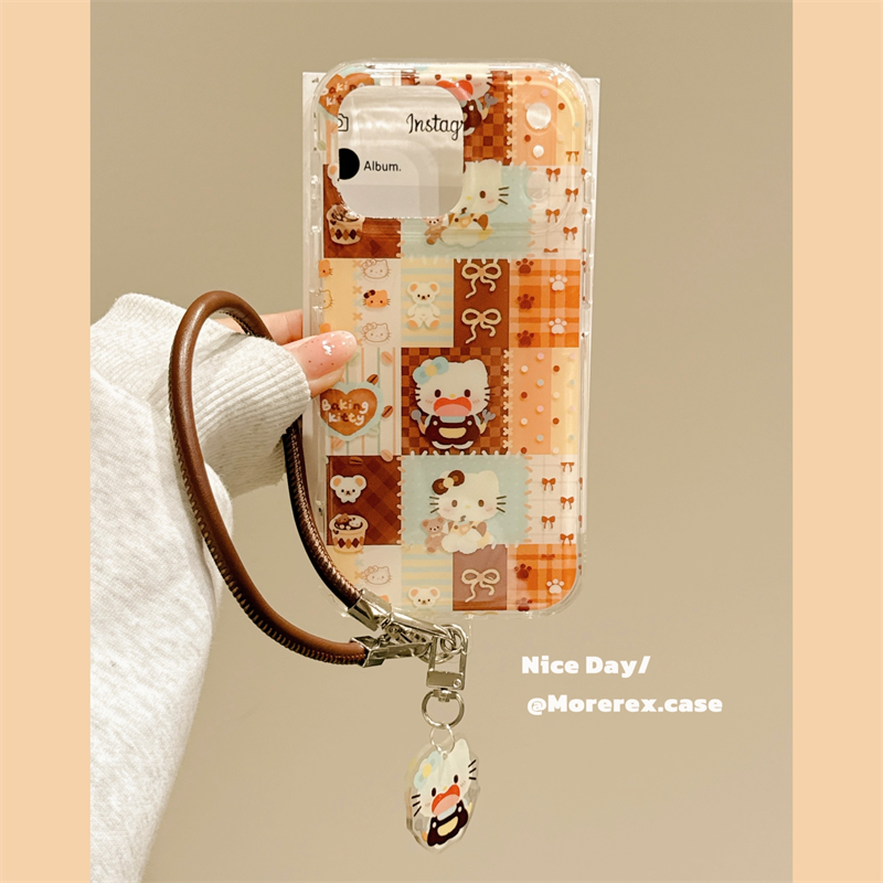 MoreRex 可爱格纹拼接kt猫小熊带挂绳适用苹果17手机壳iphone16promax新款15pro14防摔保护套13超好看17pro女