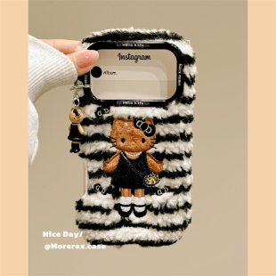 15pro秋冬14防摔保护套13可爱17女款 MoreRex 小香风刺绣黑裙kitty毛绒茸适用苹果17手机壳iphone16promax新款