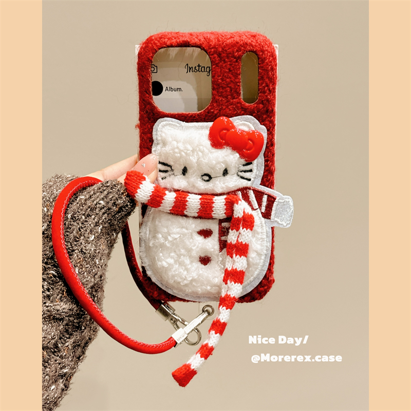 MoreRex秋冬可爱红色毛绒围巾雪人适用苹果17手机壳iphone16promax新款15pro带挂绳14防摔保护套13超好看17女