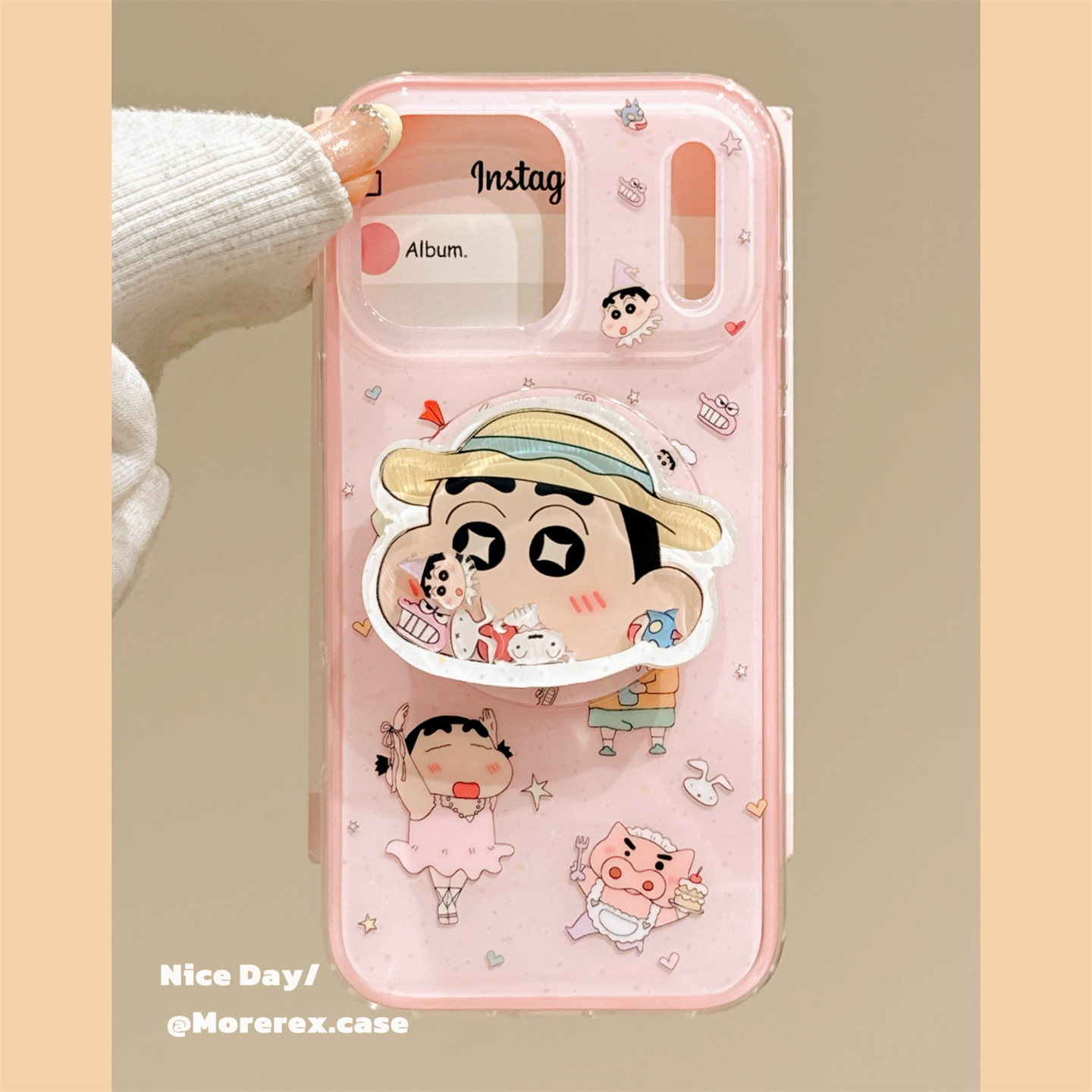 MoreRex粉色卡通小新摇摇乐磁吸支架适用苹果17手机壳iphone16promax新款17pro全包14防摔保护套13女15二合一