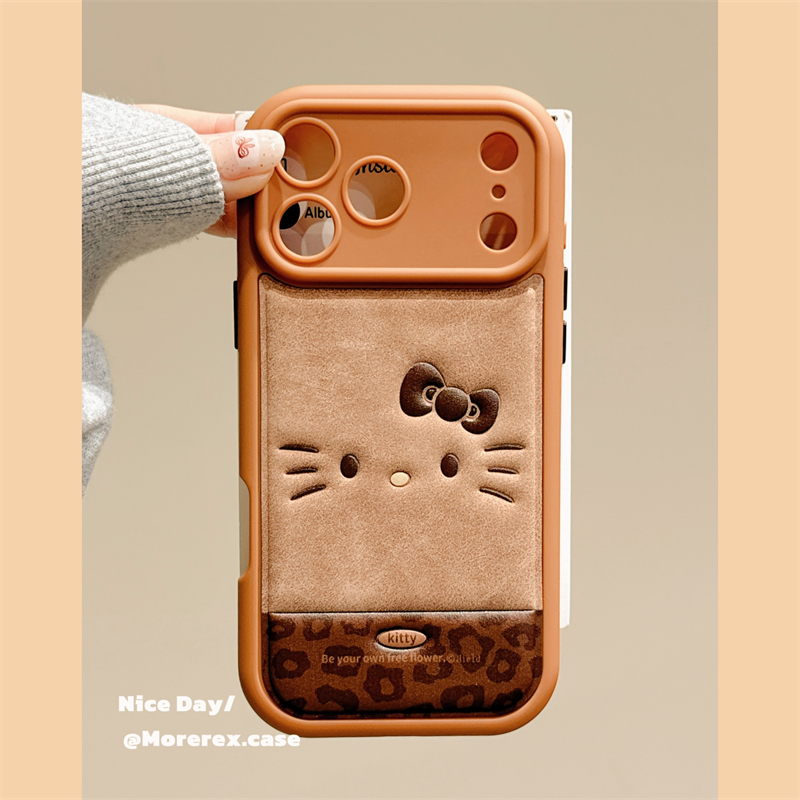 MoreRex棕色皮纹立体kt猫轻松熊适用苹果17手机壳iphone16promax新款15pro秋冬14防摔保护套13全包17女款卡通