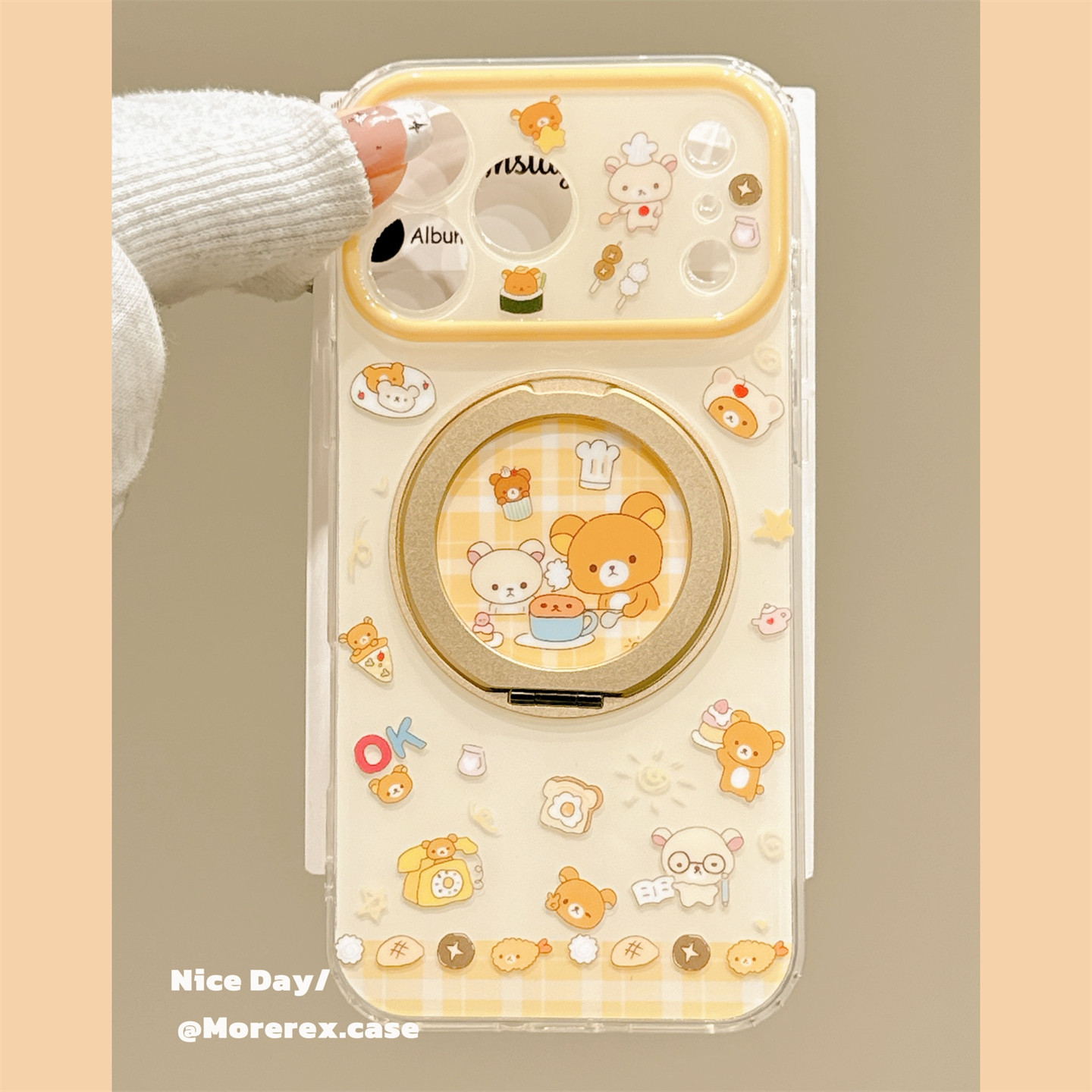 MoreRex奶黄ins格纹下午茶轻松熊360支架适用苹果18手机壳iphone17promax新款18pro全包15防摔保护套14女款16