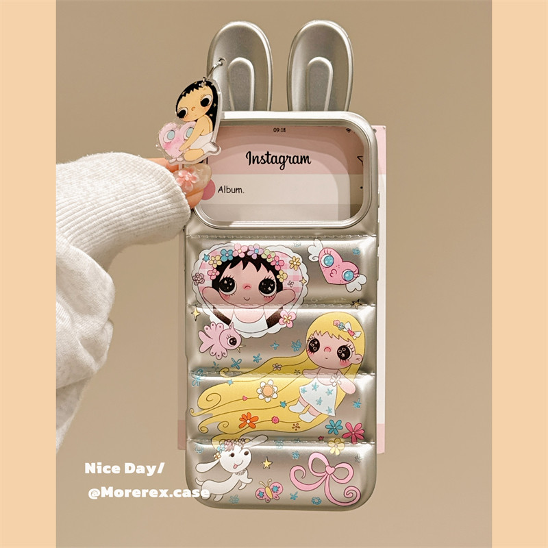 MoreRex ins可爱银色羽绒服兔耳朵小玉适用苹果17手机壳iphone16promax新款17pro全包14防摔保护套13创意15女