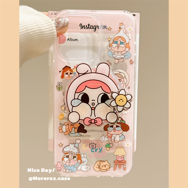 MoreRex可爱旋转花朵哭娃磁吸支架适用苹果15手机壳超火iphone16promax新款14双层13防摔保护套16pro女款透明