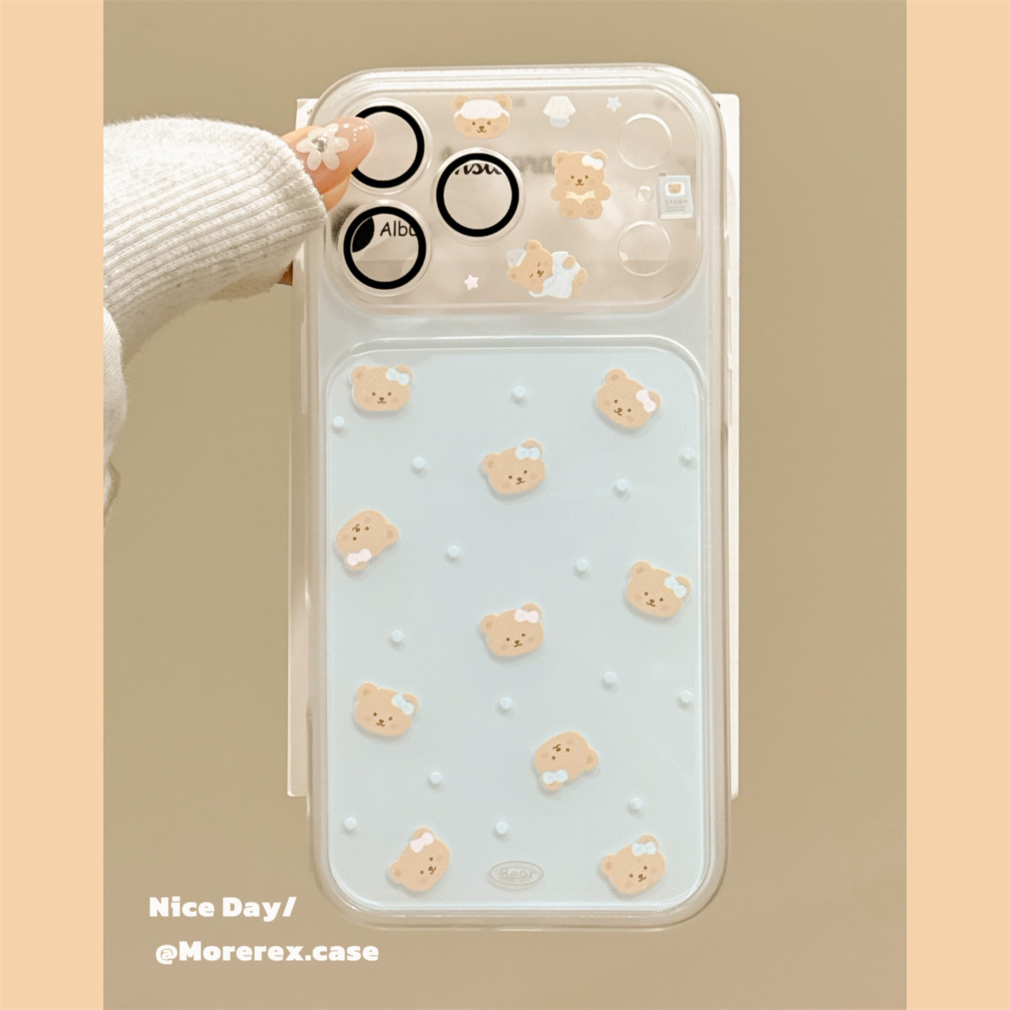 MoreRex可爱奶蓝色波点小熊带镜头膜适用苹果18手机壳二合一iphone17promax新款18pro全包15防摔保护套14女16