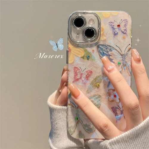 ins简约油画彩色蝴蝶花朵适用苹果14手机壳iphone15promax新款12自带镜头膜11女款15pro防摔16pro硅胶13全包