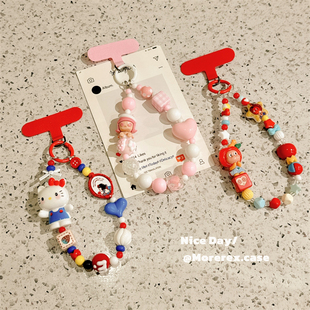 甜系kitty猫手机链新款撞色串珠挂链手提手腕链条精致高级感手机壳挂件带垫片防丢防盗绳小众创意挂件女挂绳