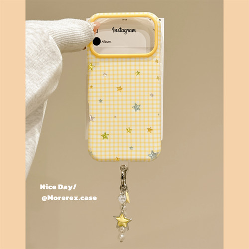 MoreRex ins韩系文艺格子鎏金五角星适用苹果17手机壳iphone16promax新款17pro全包14防摔保护套13女款15双层